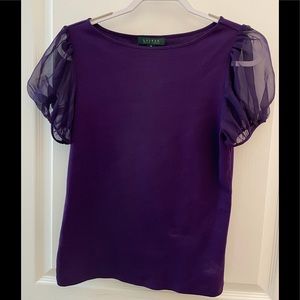 NWT LAUREN RALPH LAUREN deep purple knit top with sheer short sleeves, size M